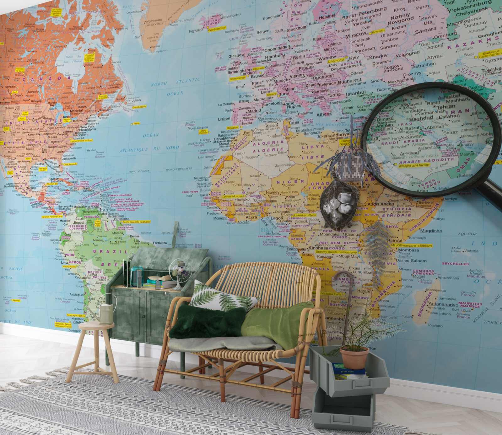 Papier peint loupe sur une carte du monde en couleur