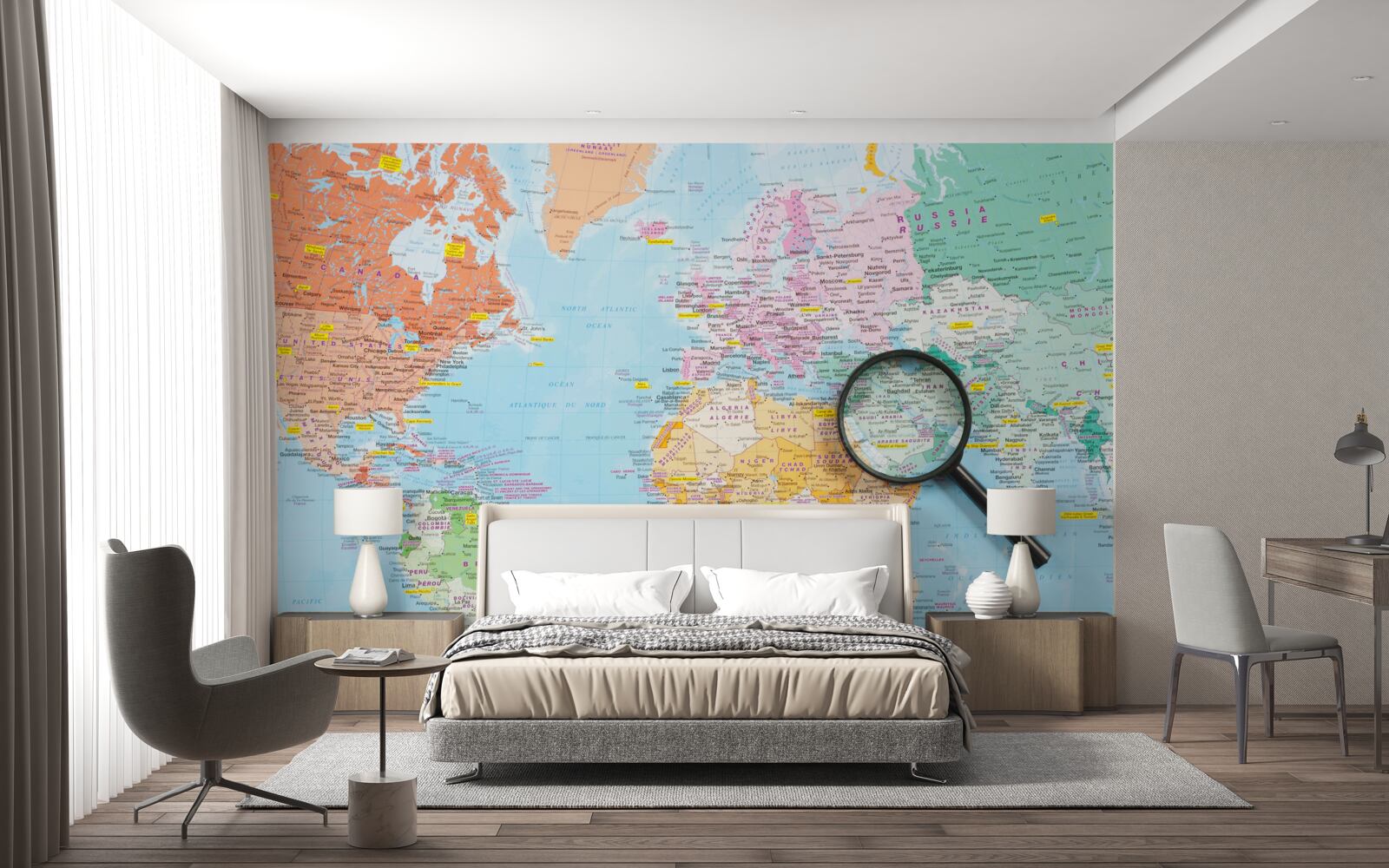 Papier peint loupe sur une carte du monde en couleur