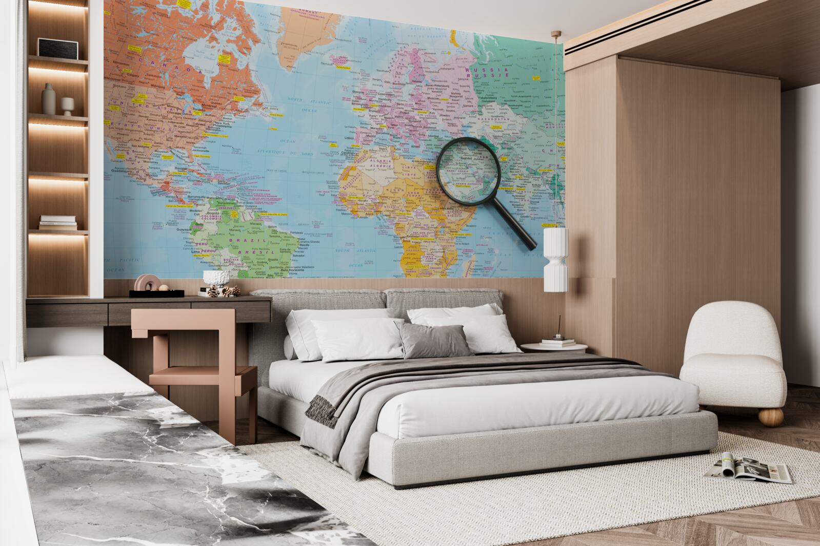 Papier peint loupe sur une carte du monde en couleur