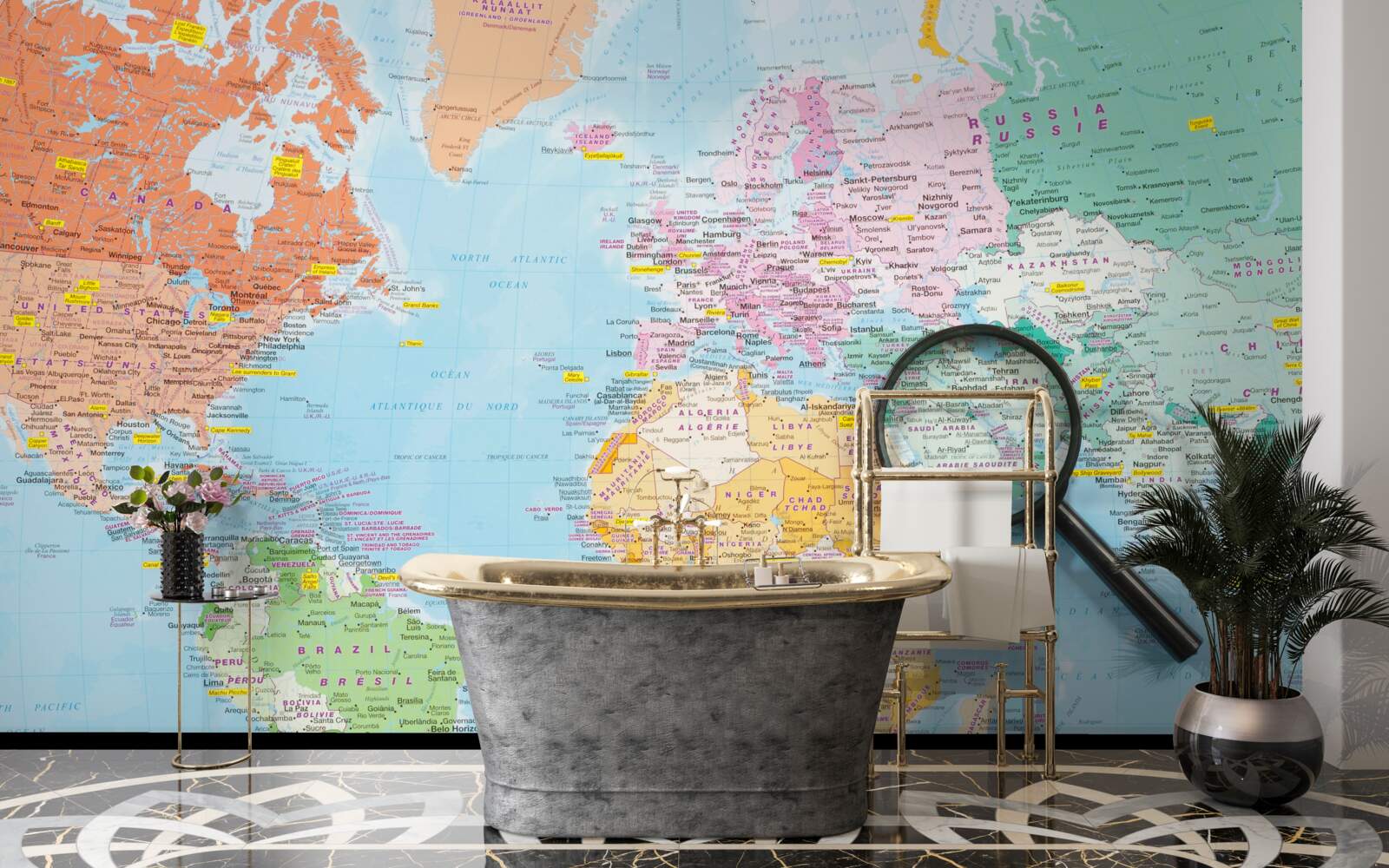 Papier peint loupe sur une carte du monde en couleur