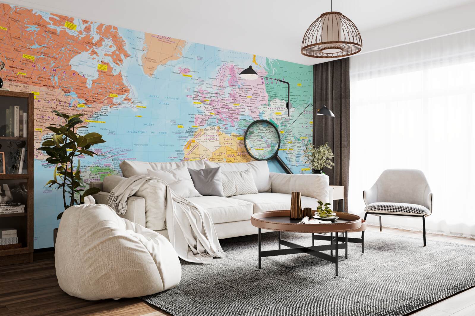 Papier peint loupe sur une carte du monde en couleur