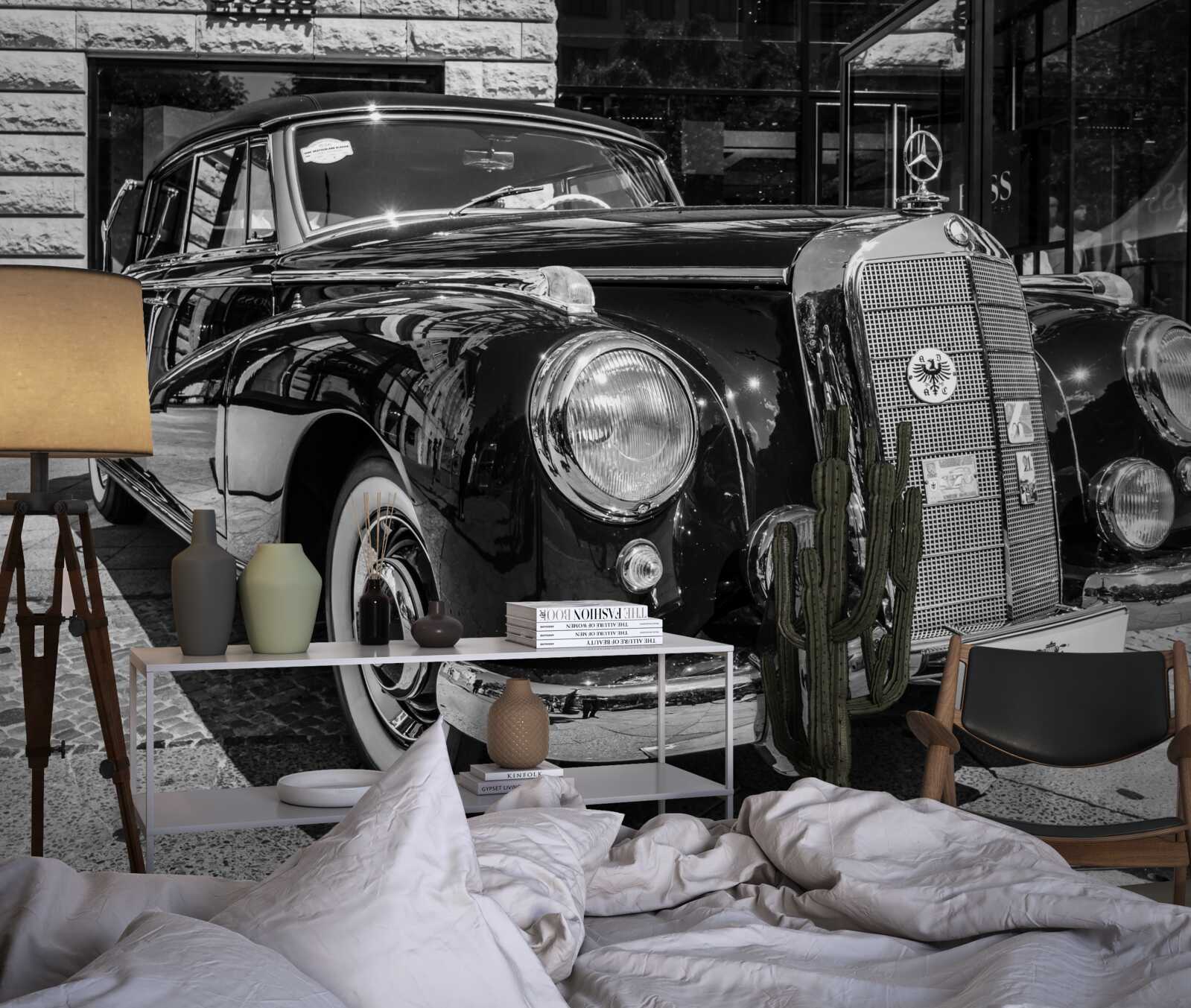 Papier peint voiture rétro en noir et blanc