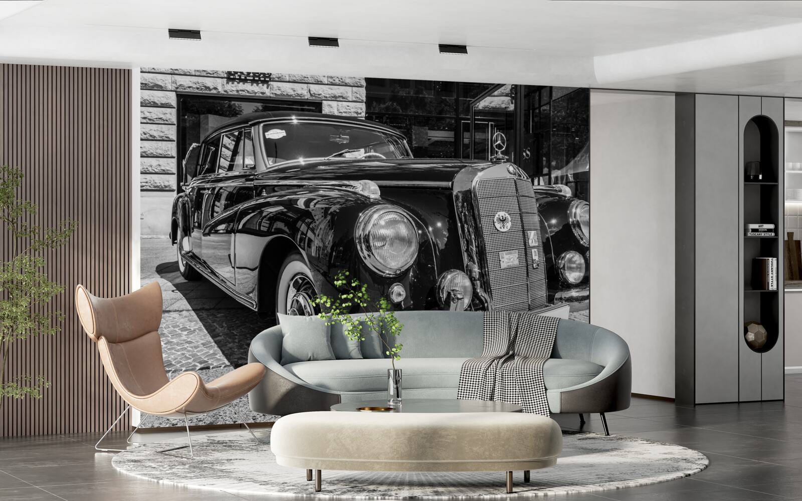 Papier peint voiture rétro en noir et blanc