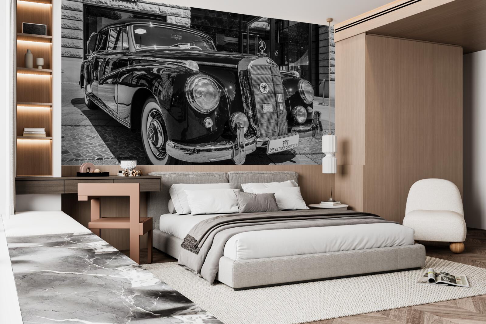 Papier peint voiture rétro en noir et blanc