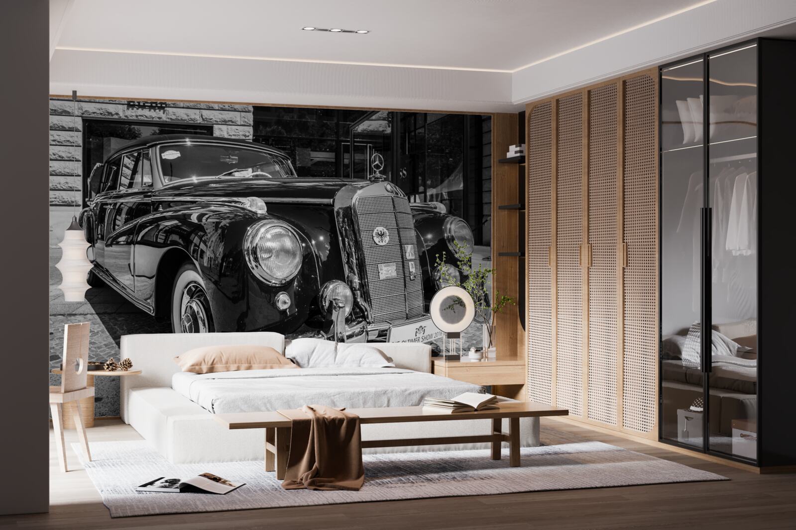 Papier peint voiture rétro en noir et blanc