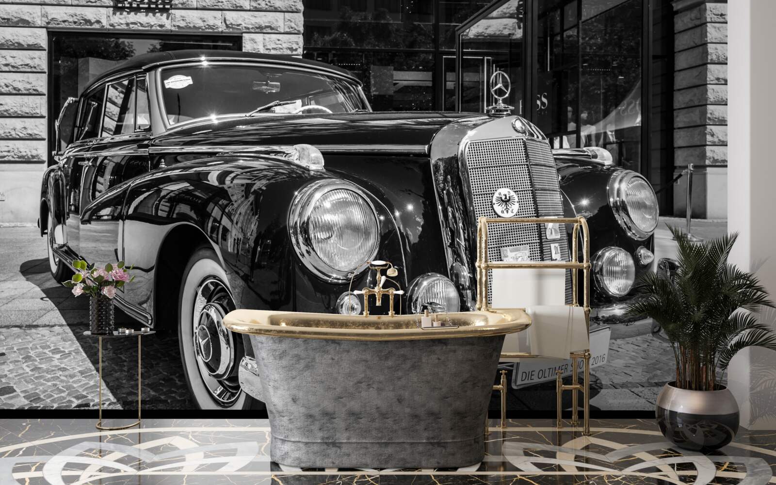 Papier peint voiture rétro en noir et blanc