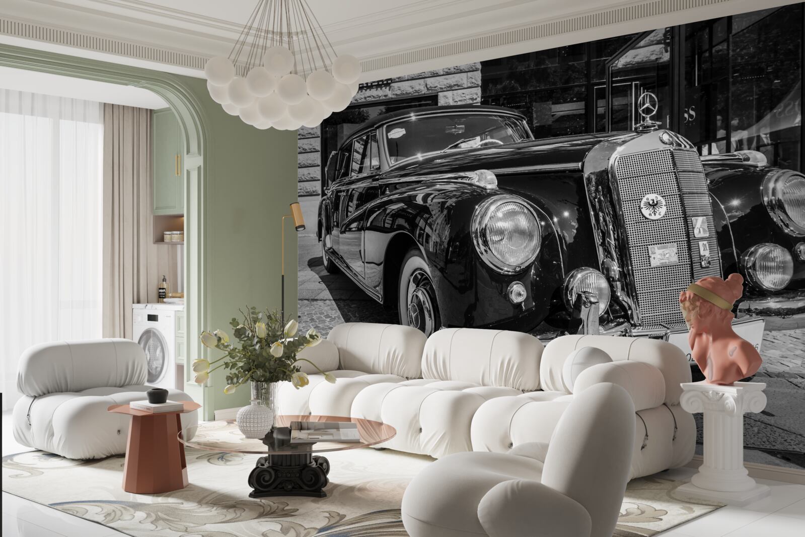 Papier peint voiture rétro en noir et blanc