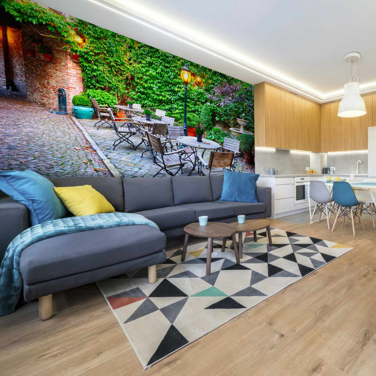 Papier peint plante avec mur vert et lampadaire