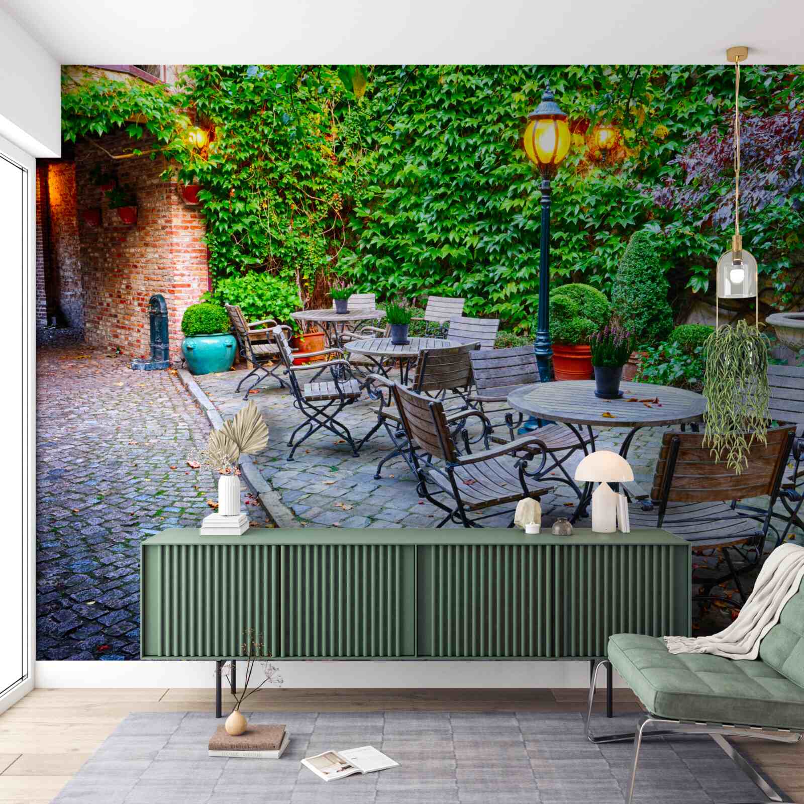 Papier peint plante avec mur vert et lampadaire