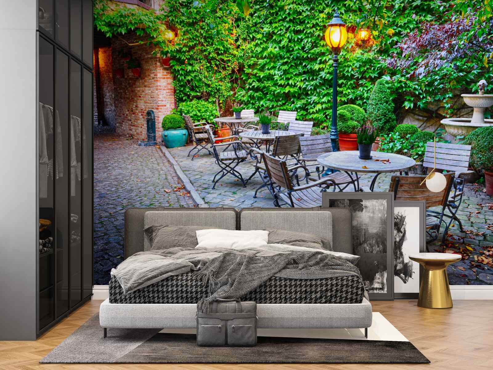 Papier peint plante avec mur vert et lampadaire