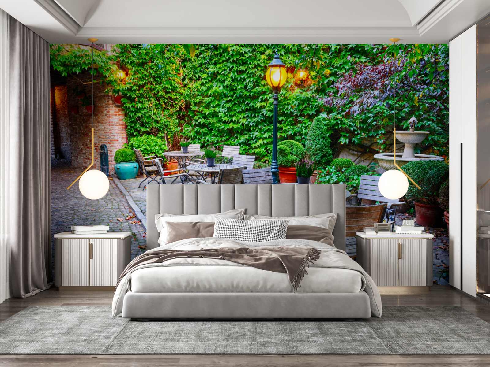 Papier peint plante avec mur vert et lampadaire