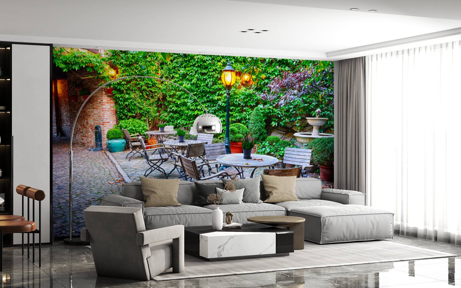 Papier peint plante avec mur vert et lampadaire