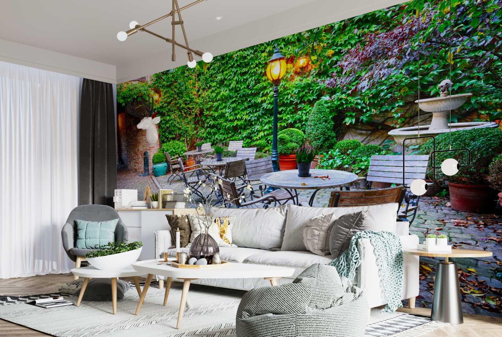 Papier peint plante avec mur vert et lampadaire