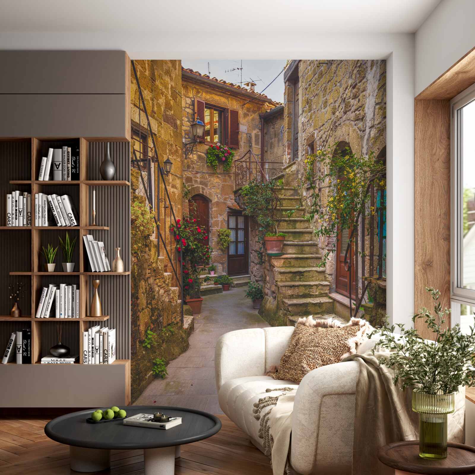 Papier peint escalier fleuri dans la vieille cour