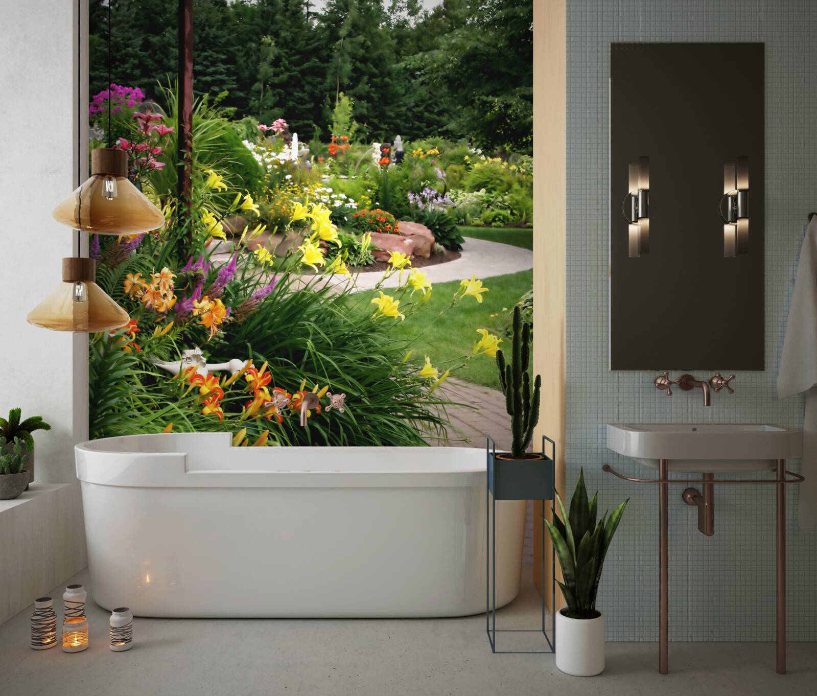 Papier peint chemin près de buissons d'été luxuriants avec des fleurs