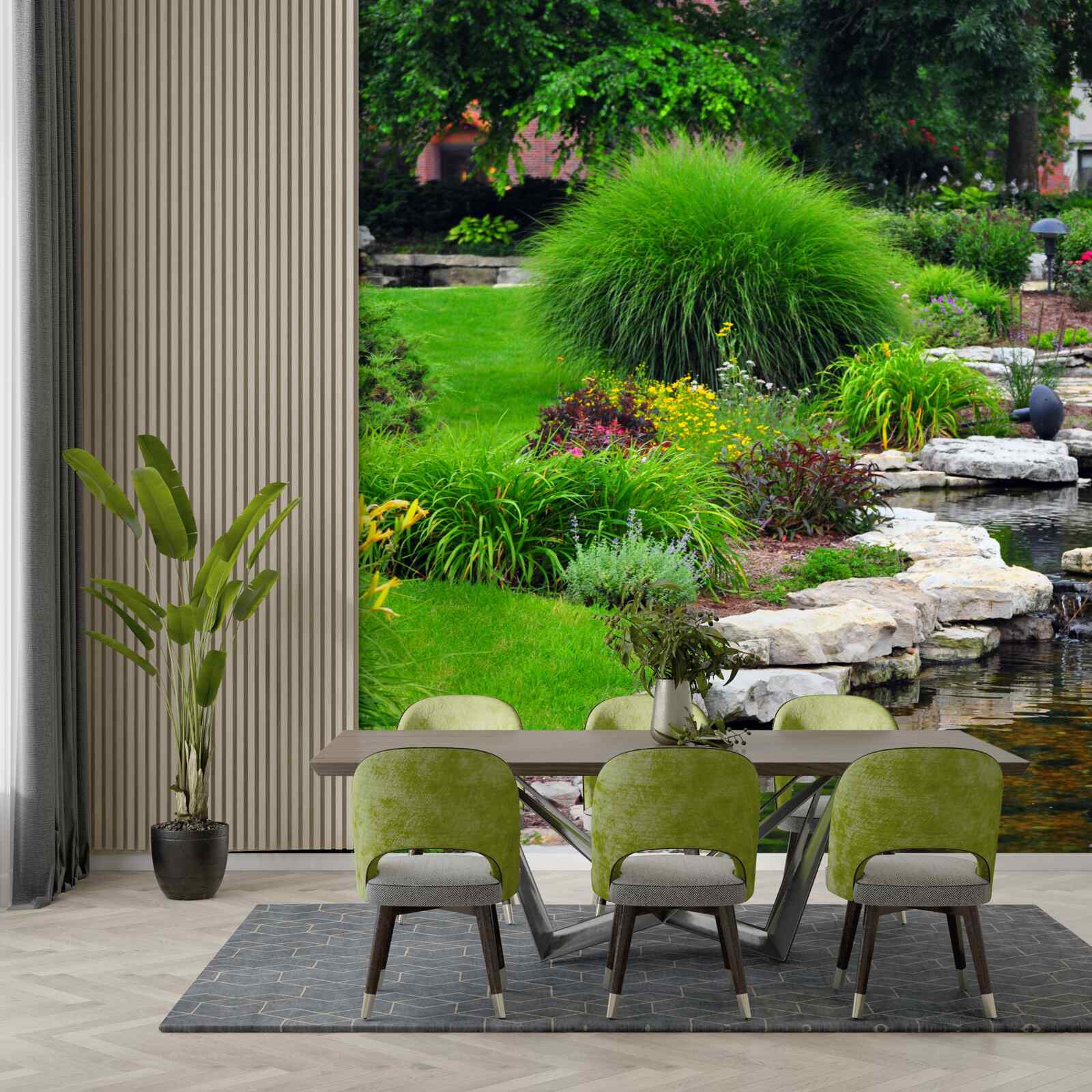 Papier peint fleurs près d'un étang dans le jardin