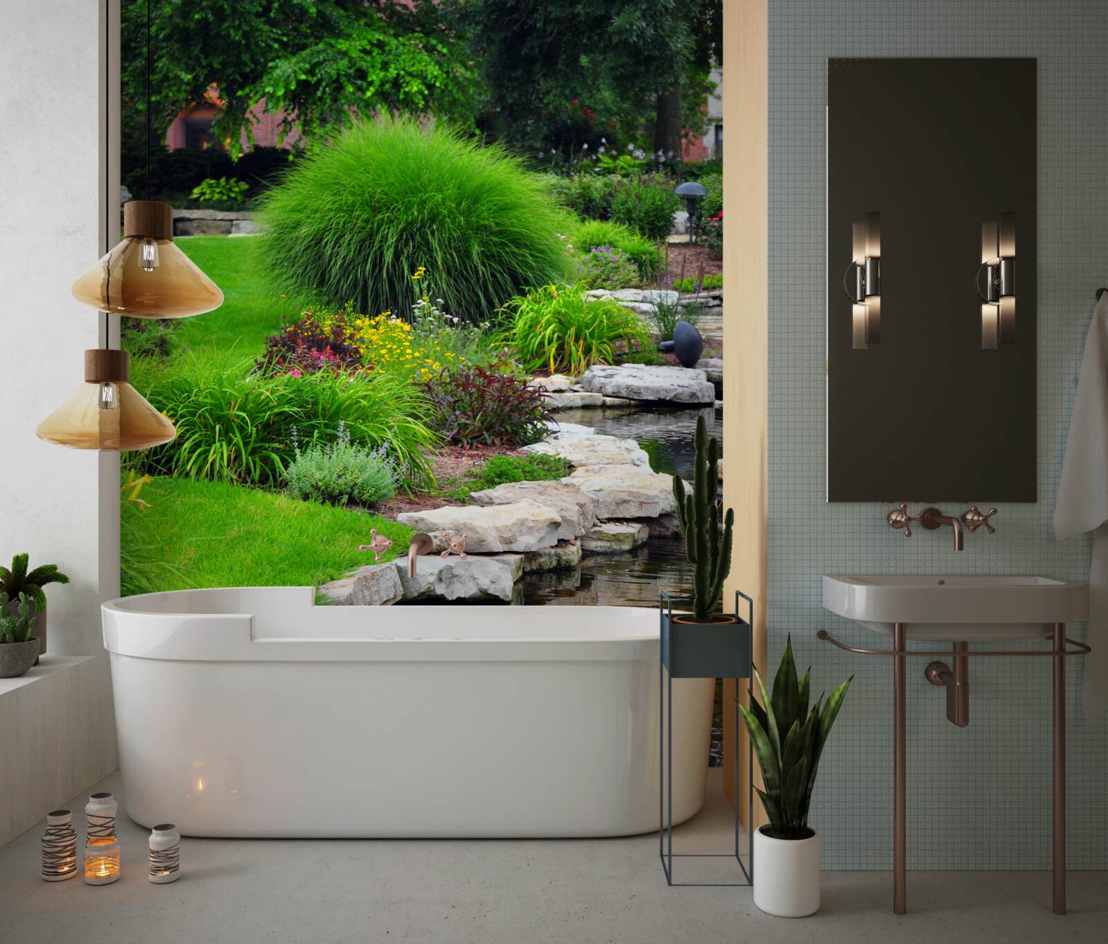 Papier peint fleurs près d'un étang dans le jardin