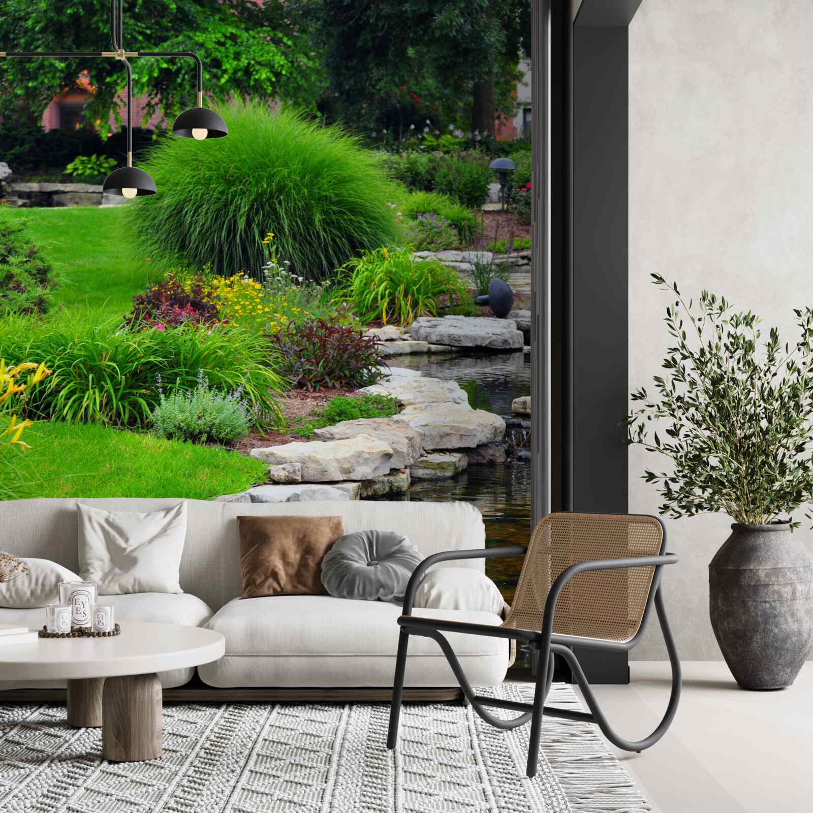 Papier peint fleurs près d'un étang dans le jardin