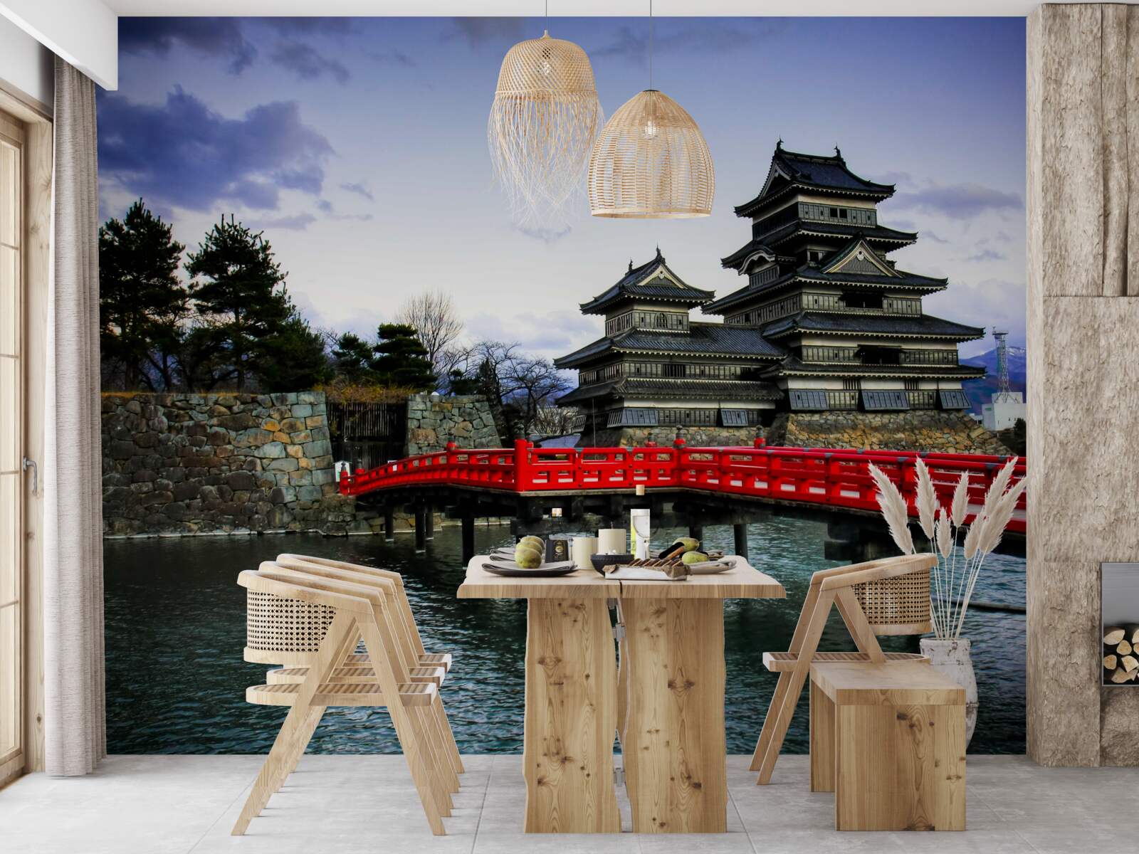 Papier peint au japon, un pont rouge enjambe une rivière