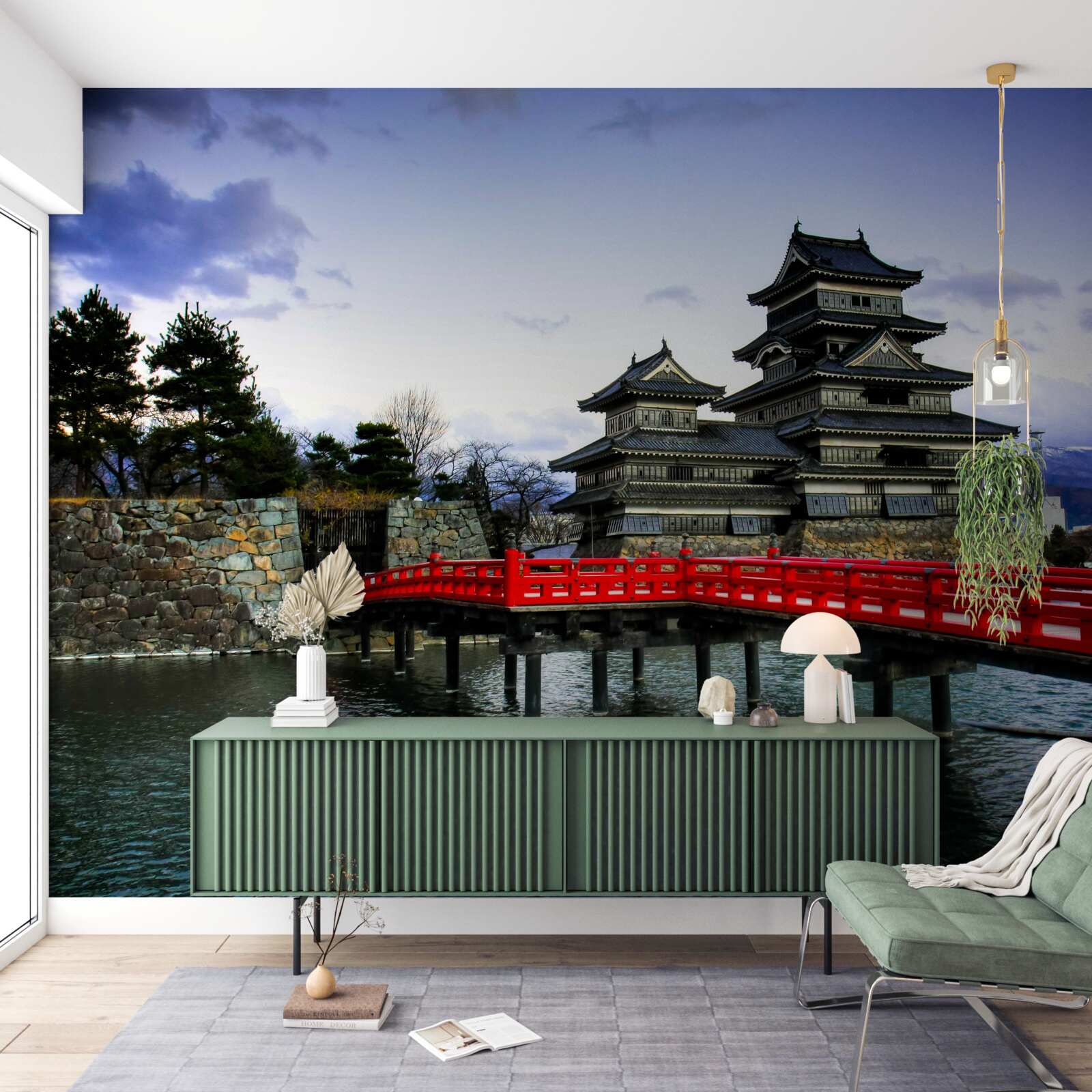 Papier peint au japon, un pont rouge enjambe une rivière