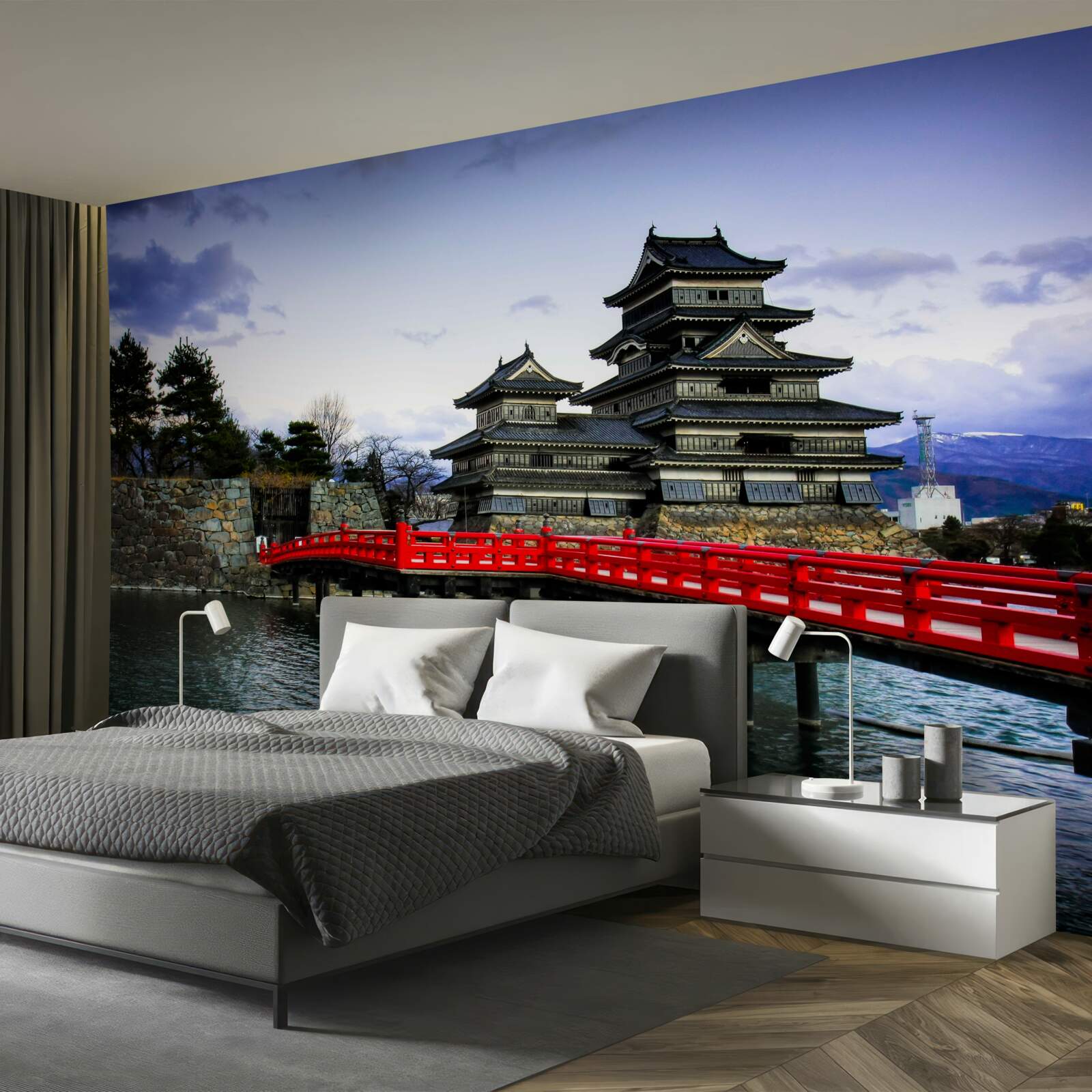 Papier peint au japon, un pont rouge enjambe une rivière