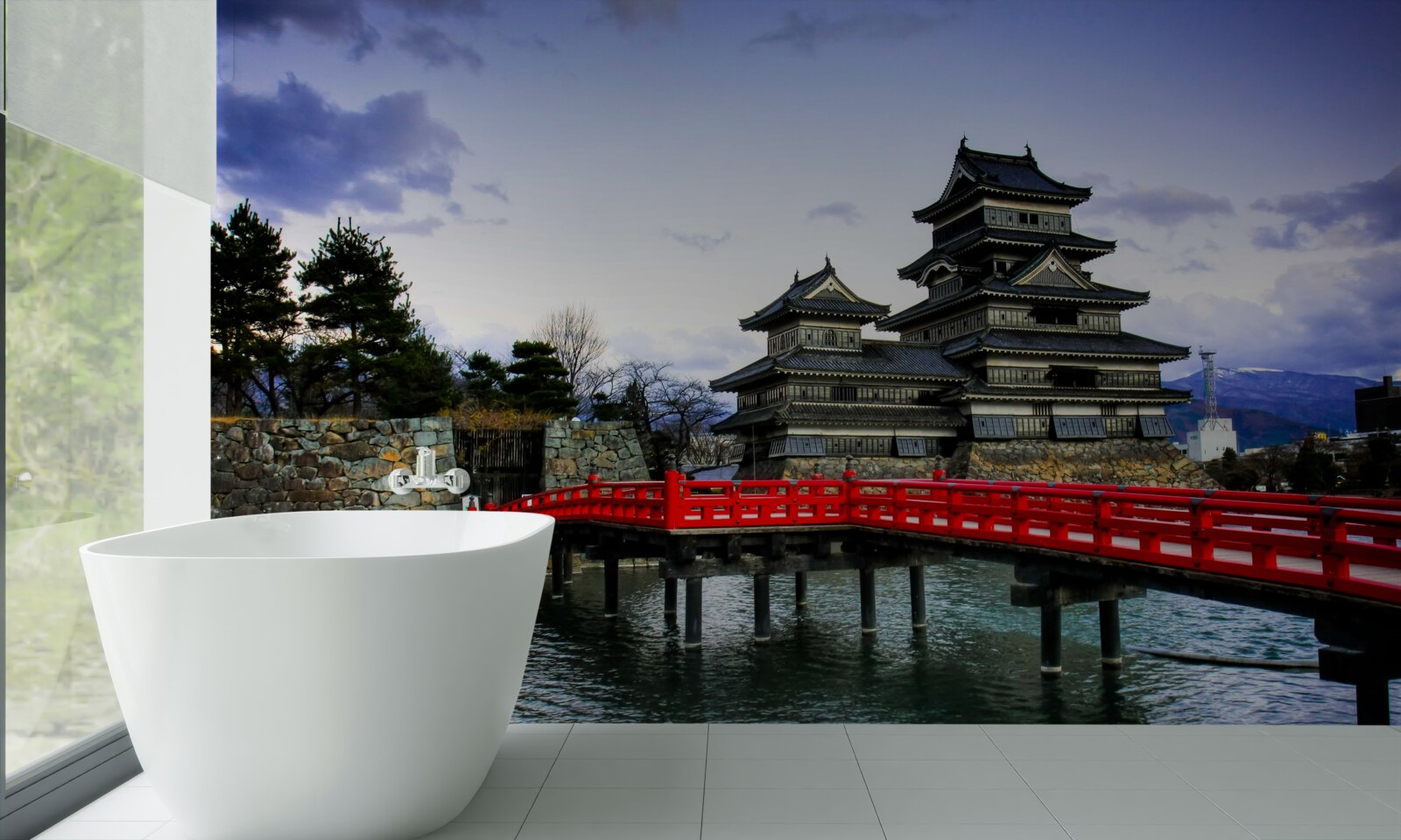 Papier peint au japon, un pont rouge enjambe une rivière