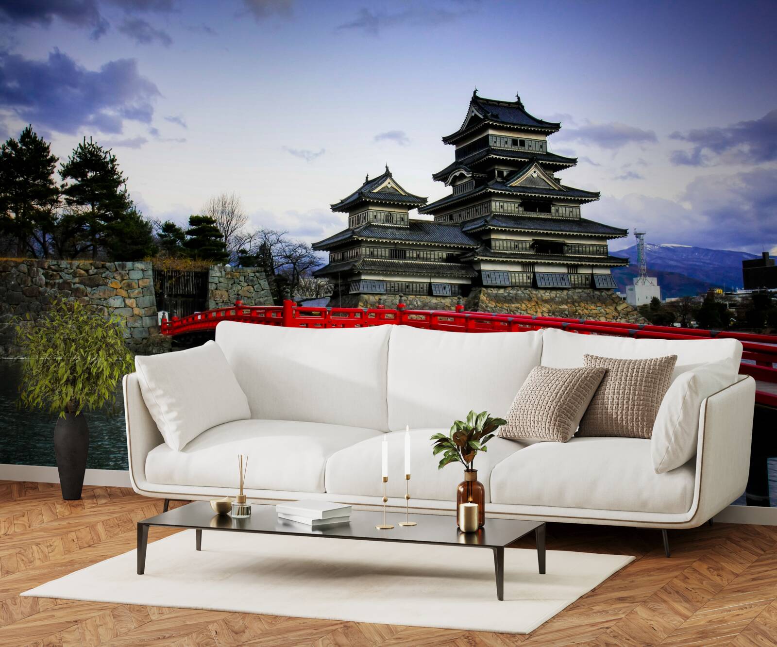 Papier peint au japon, un pont rouge enjambe une rivière