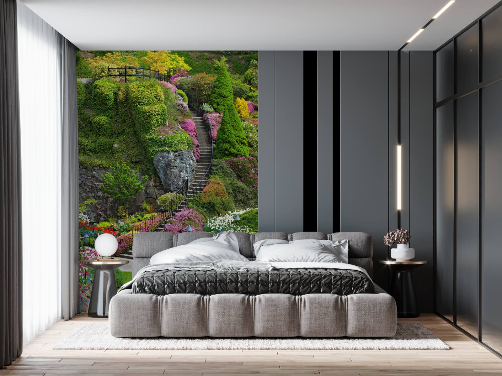 Papier peint escalier complètement immergé dans la verdure et les fleurs