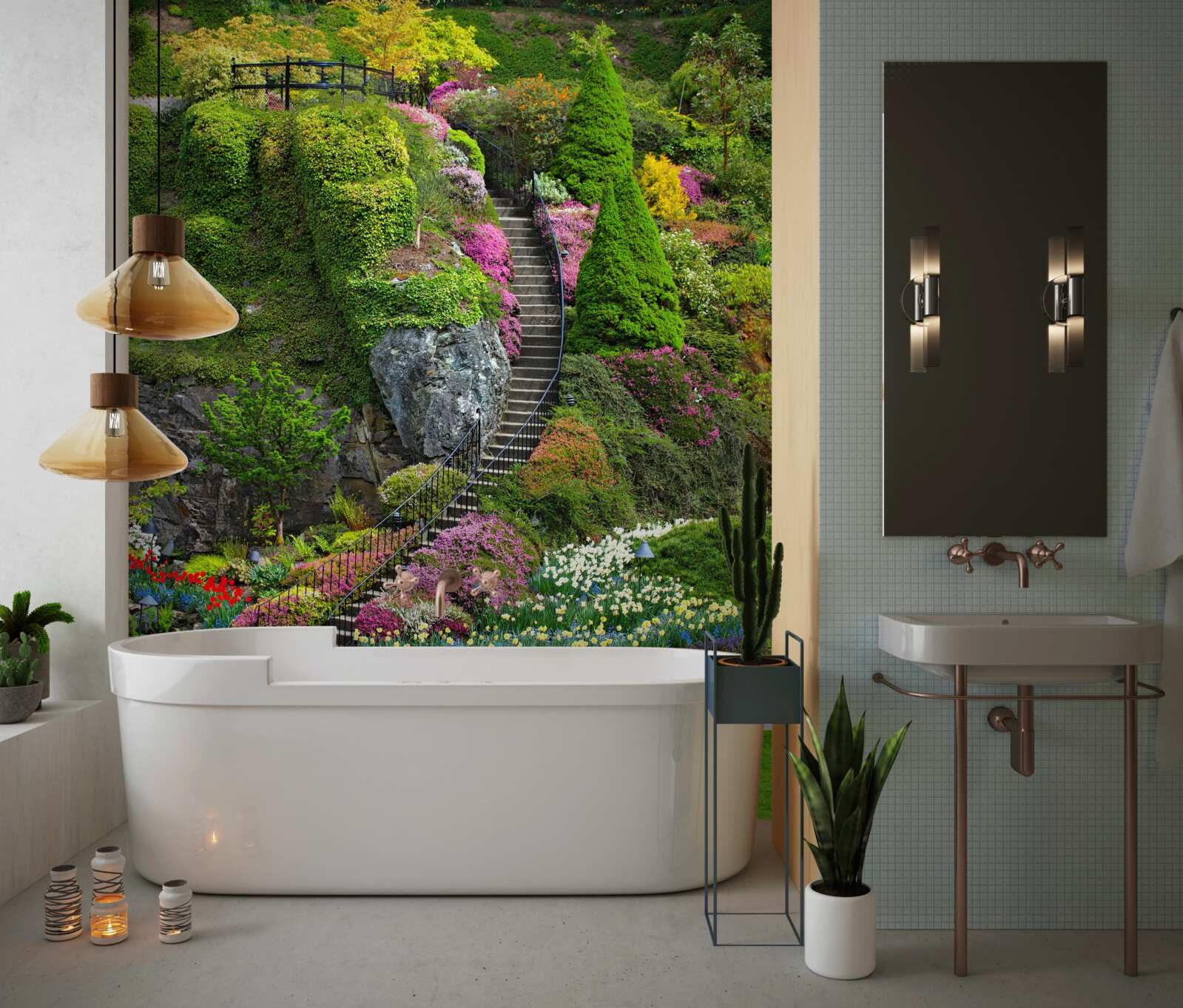 Papier peint escalier complètement immergé dans la verdure et les fleurs
