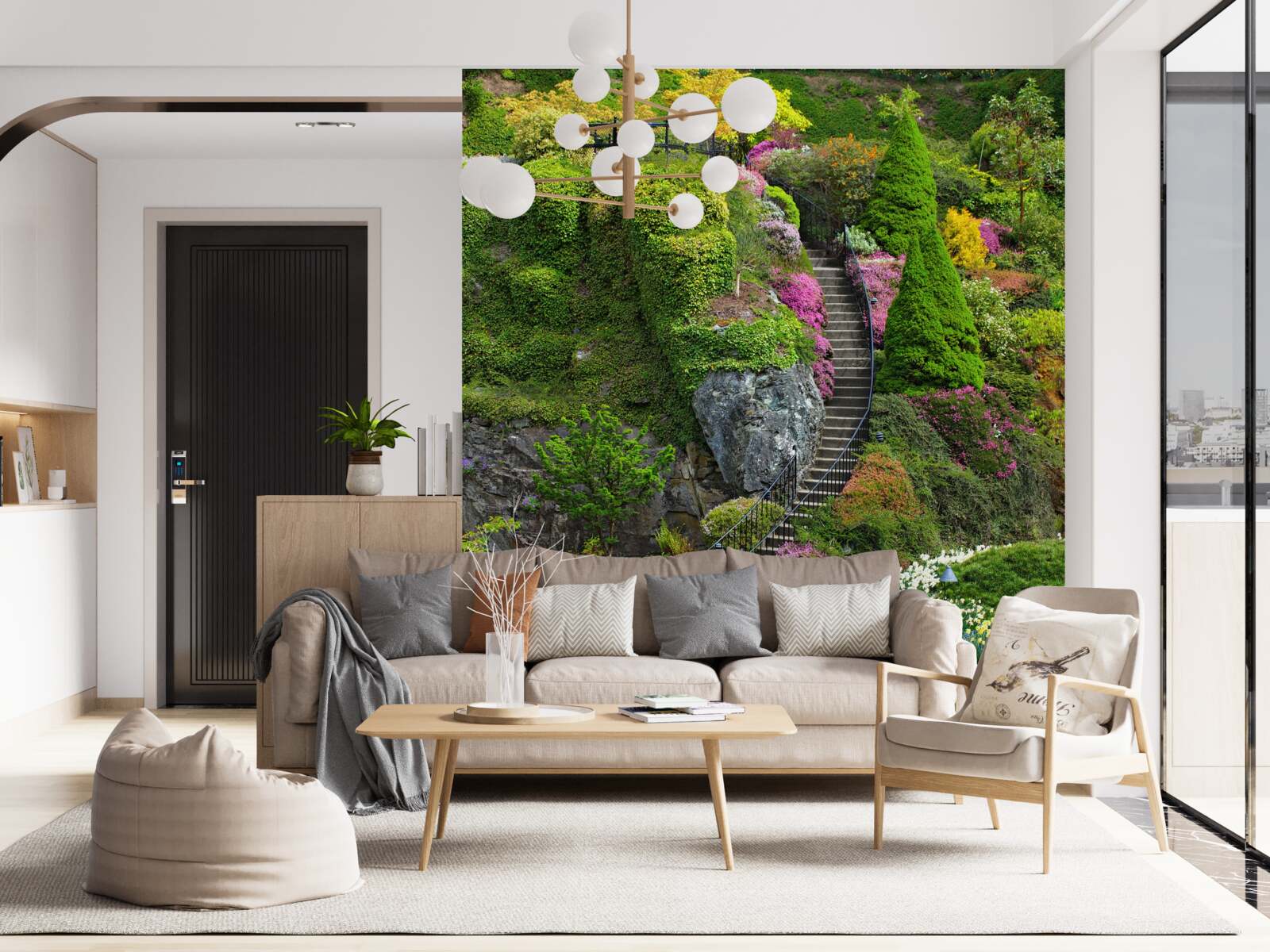 Papier peint escalier complètement immergé dans la verdure et les fleurs