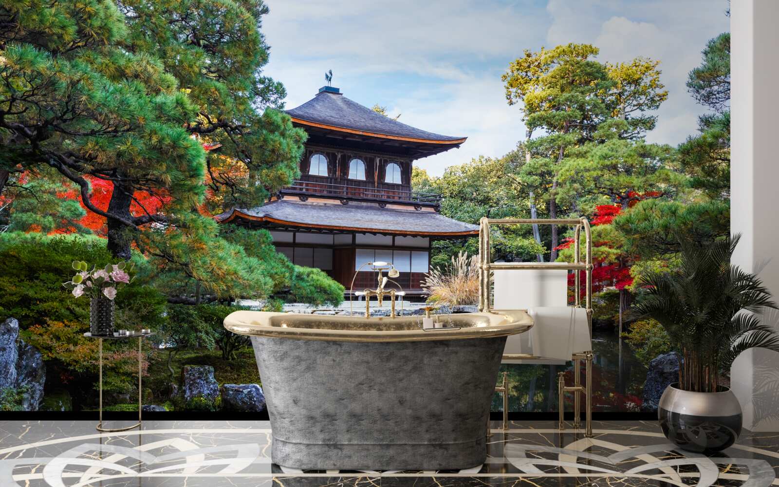 Papier peint Maison japonaise au bord d'un lac, pleine de charme