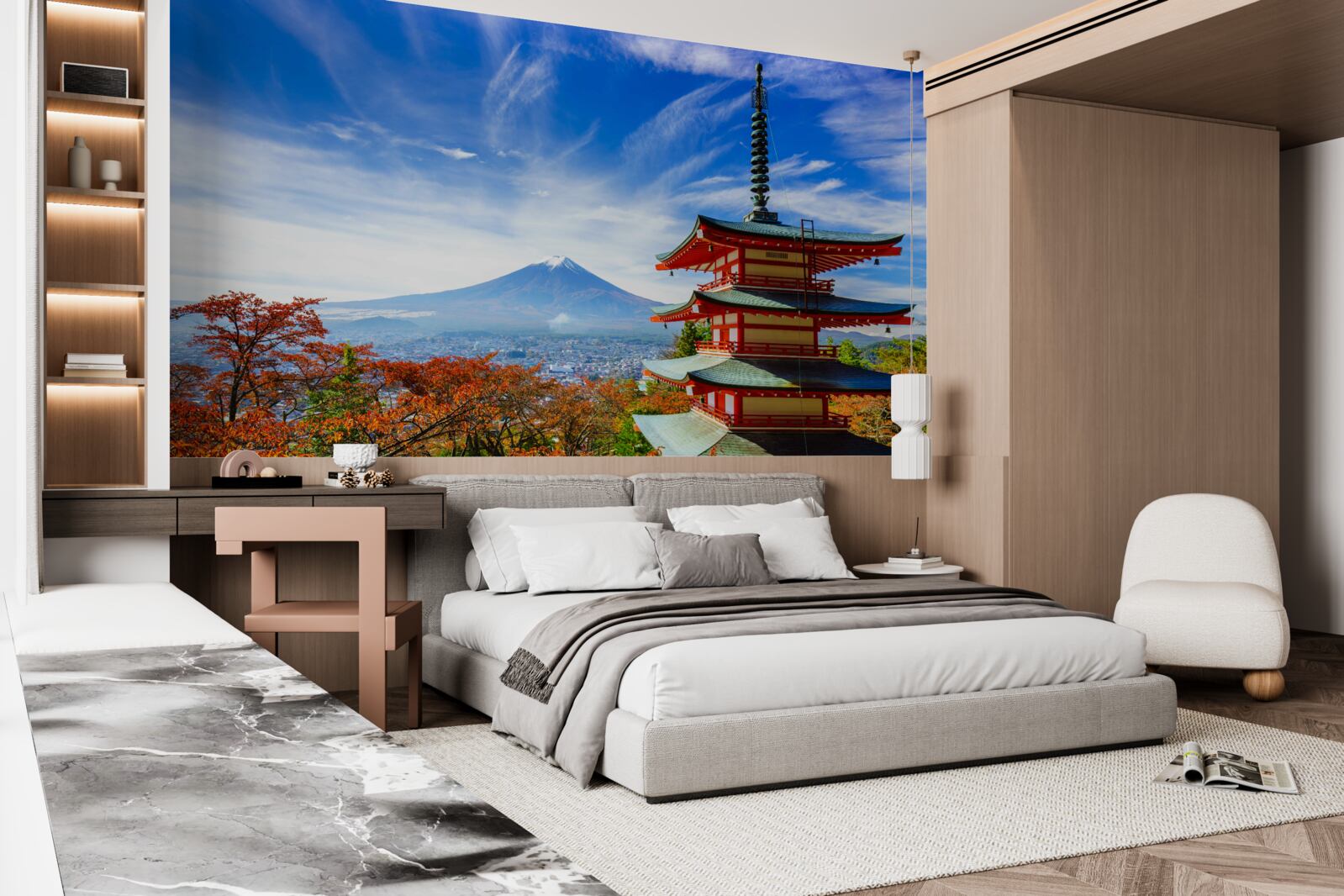 Papier peint maison de campagne avec la montagne Fuji en arrière-plan