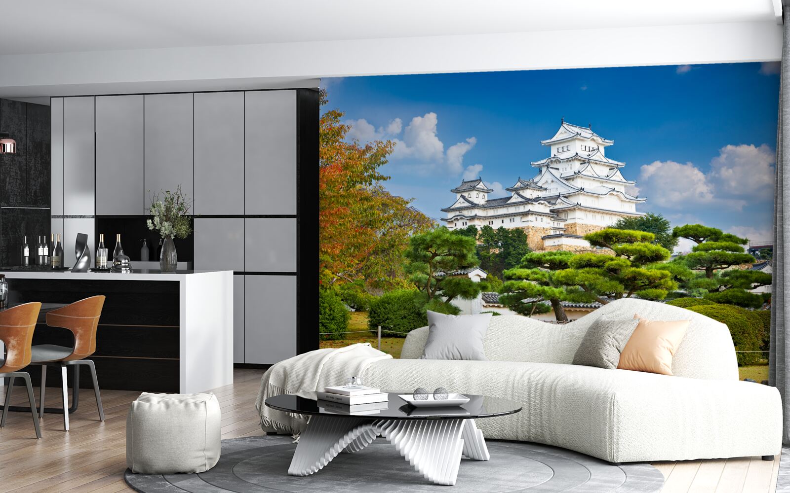 Papier peint Temple japonais dans les montagnes, entouré de verdure