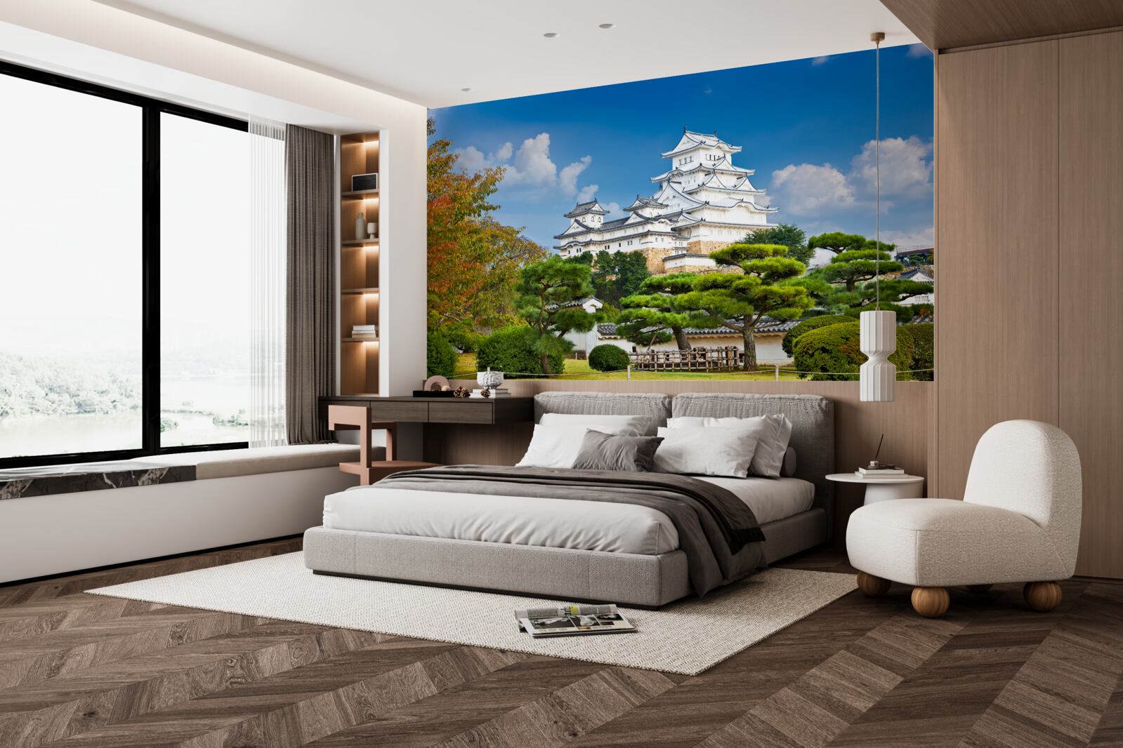 Papier peint Temple japonais dans les montagnes, entouré de verdure