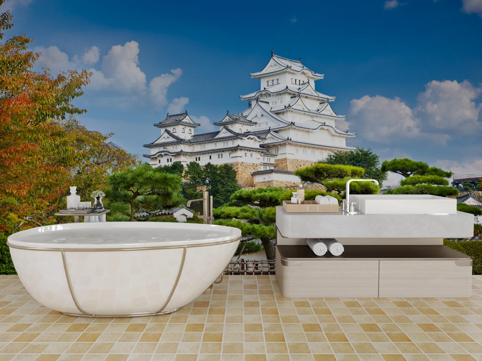 Papier peint Temple japonais dans les montagnes, entouré de verdure