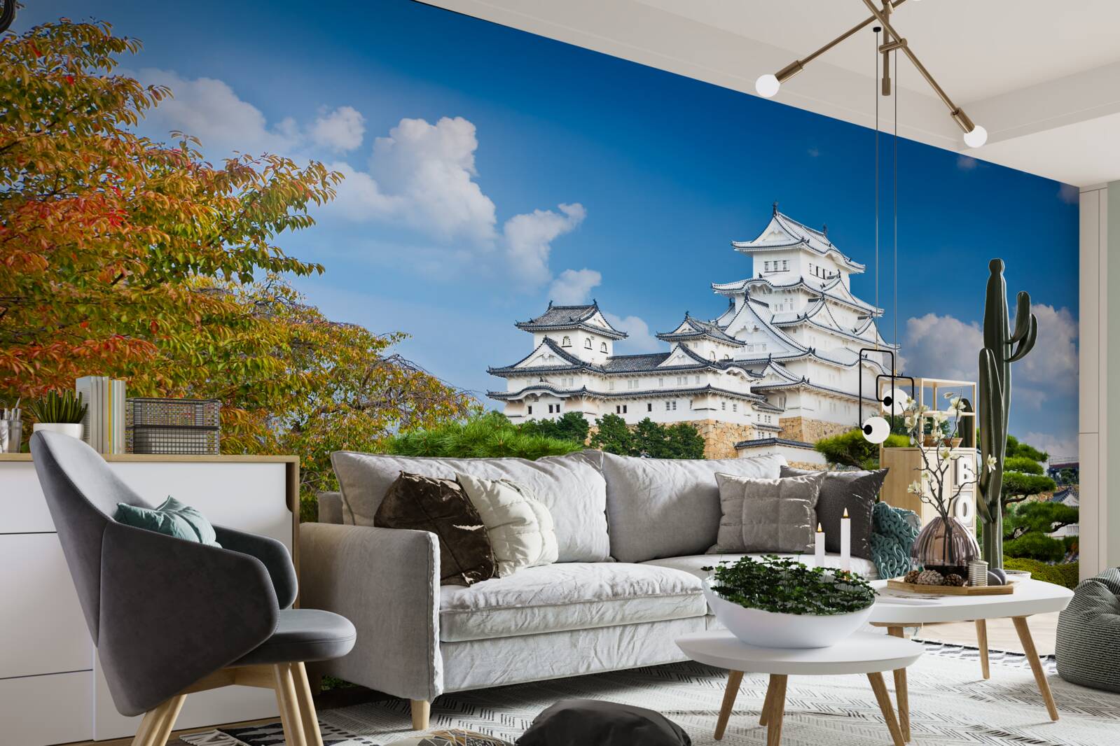 Papier peint Temple japonais dans les montagnes, entouré de verdure
