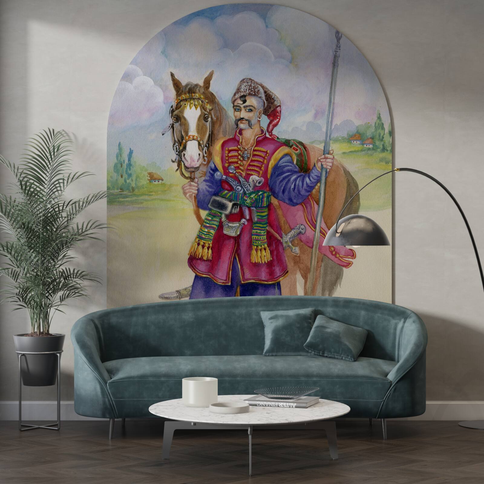 Papier peint jeune cosaque des steppes avec son cheval