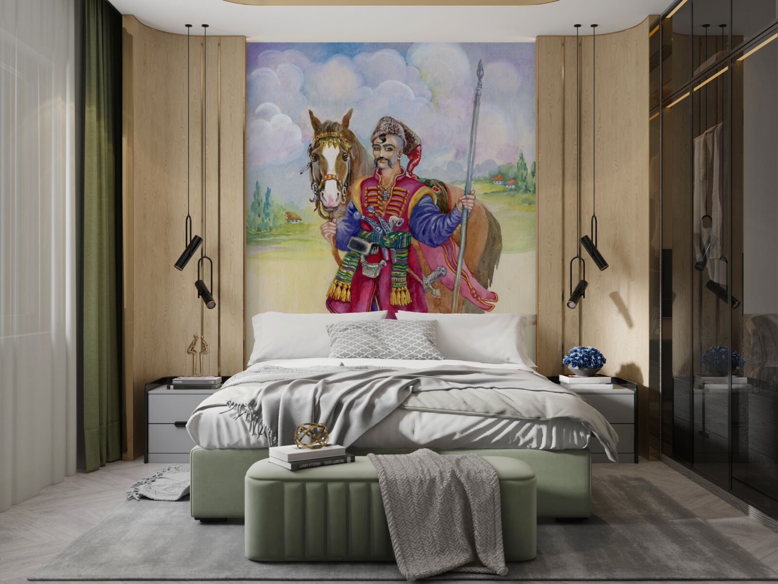 Papier peint jeune cosaque des steppes avec son cheval