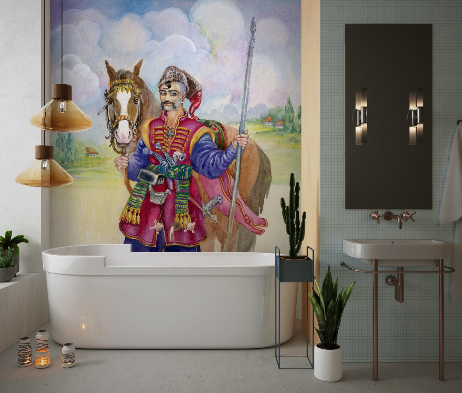 Papier peint jeune cosaque des steppes avec son cheval