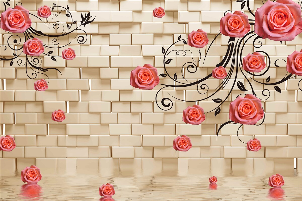 Papier peint sur le fond d'un mur de briques, on aperçoit une rose rouge sur les branches