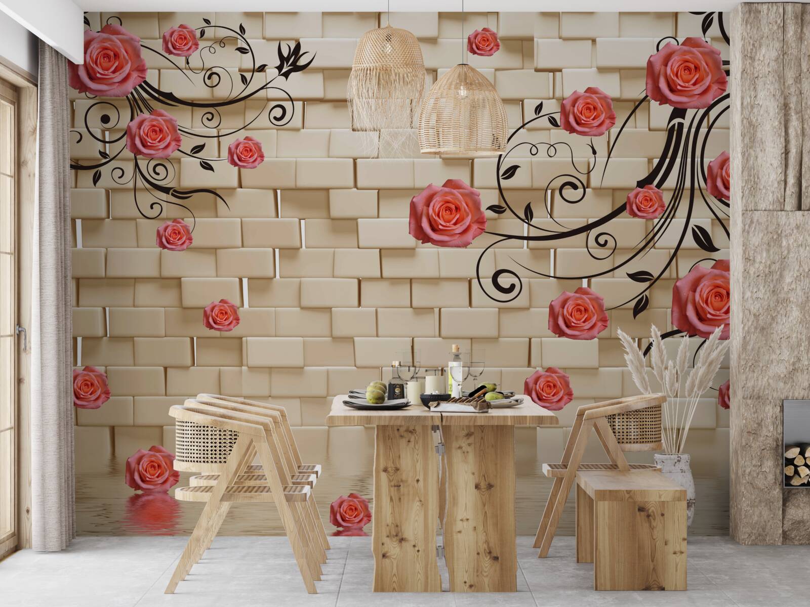 Papier peint sur le fond d'un mur de briques, on aperçoit une rose rouge sur les branches