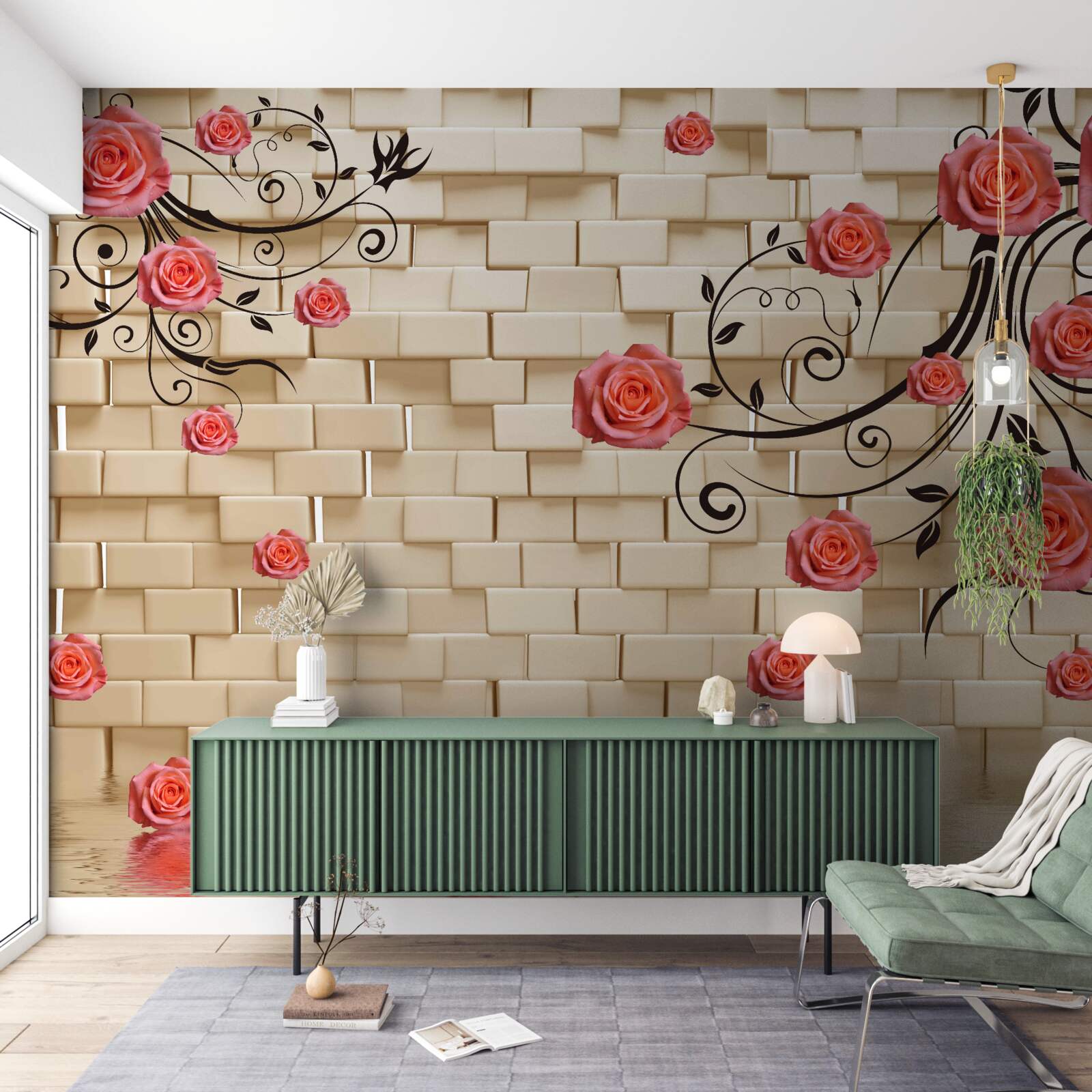 Papier peint sur le fond d'un mur de briques, on aperçoit une rose rouge sur les branches