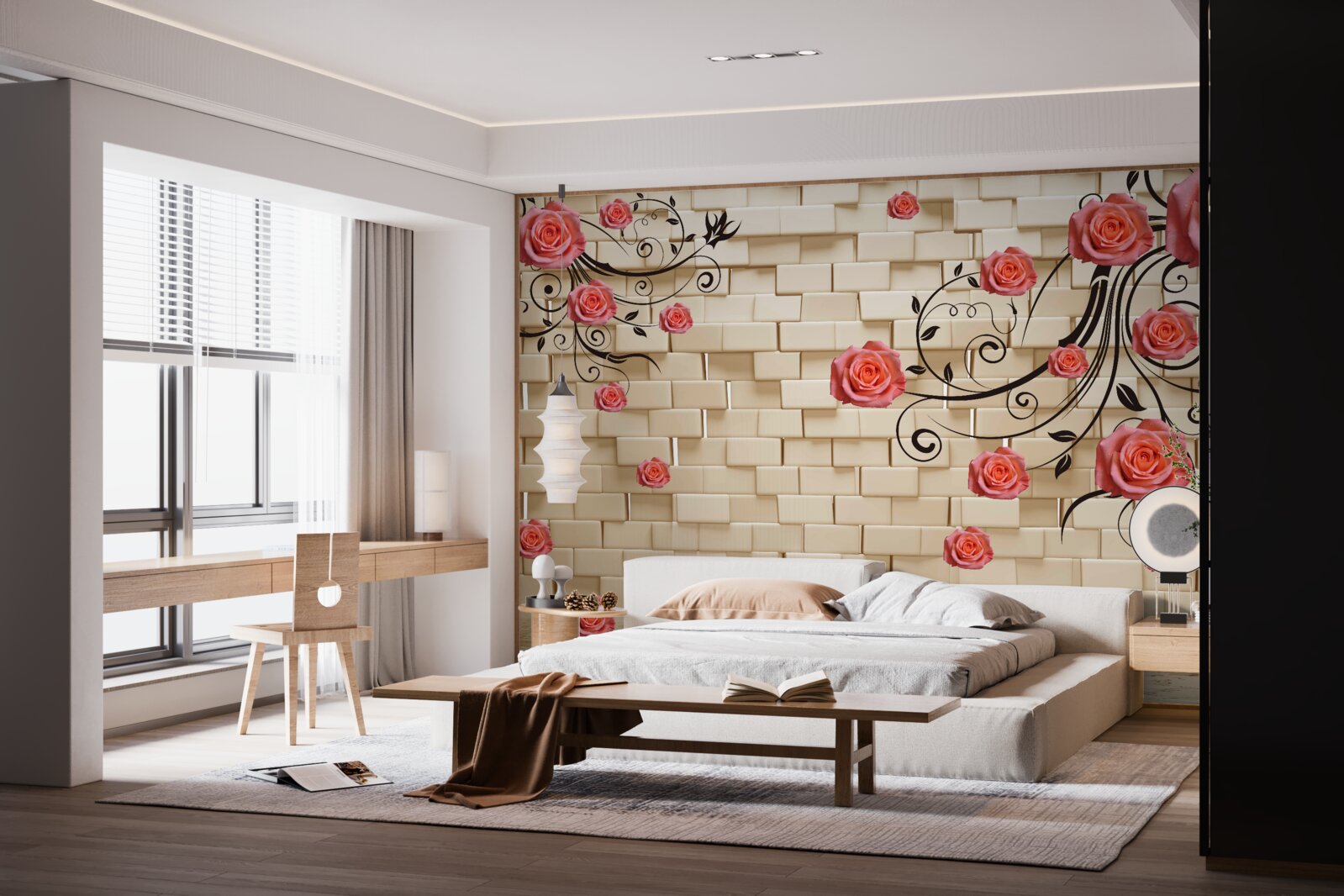 Papier peint sur le fond d'un mur de briques, on aperçoit une rose rouge sur les branches