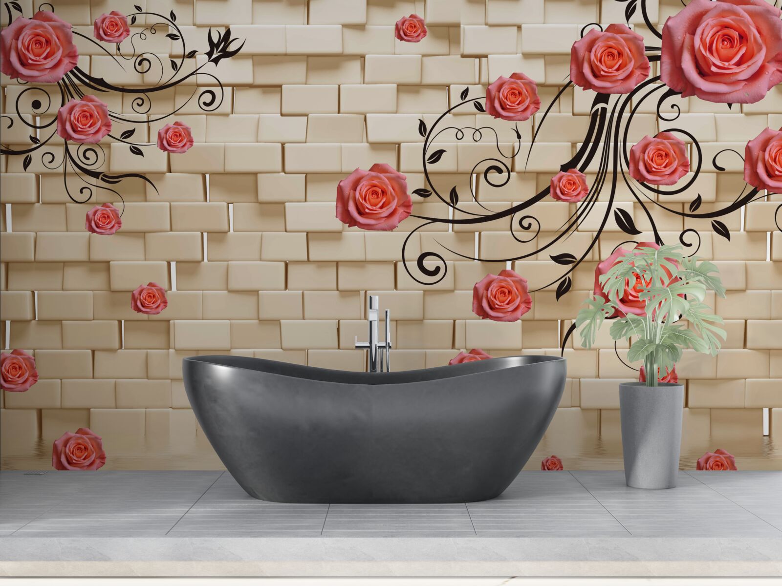 Papier peint sur le fond d'un mur de briques, on aperçoit une rose rouge sur les branches