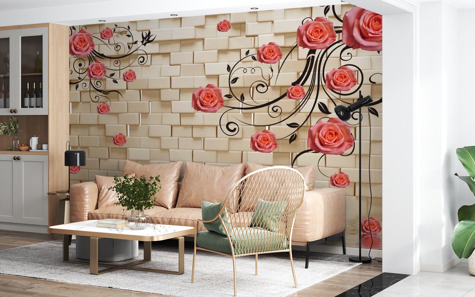 Papier peint sur le fond d'un mur de briques, on aperçoit une rose rouge sur les branches