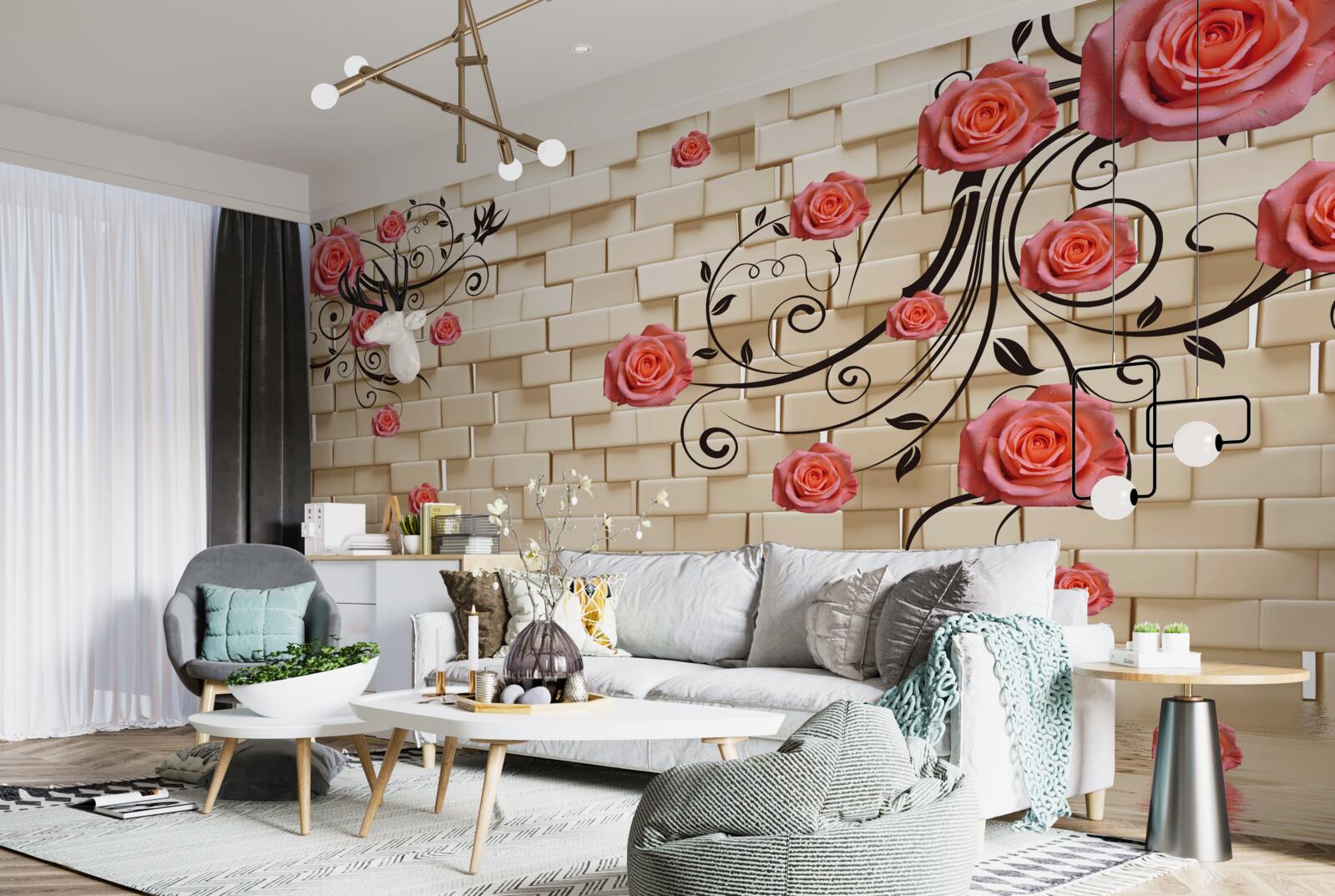 Papier peint sur le fond d'un mur de briques, on aperçoit une rose rouge sur les branches