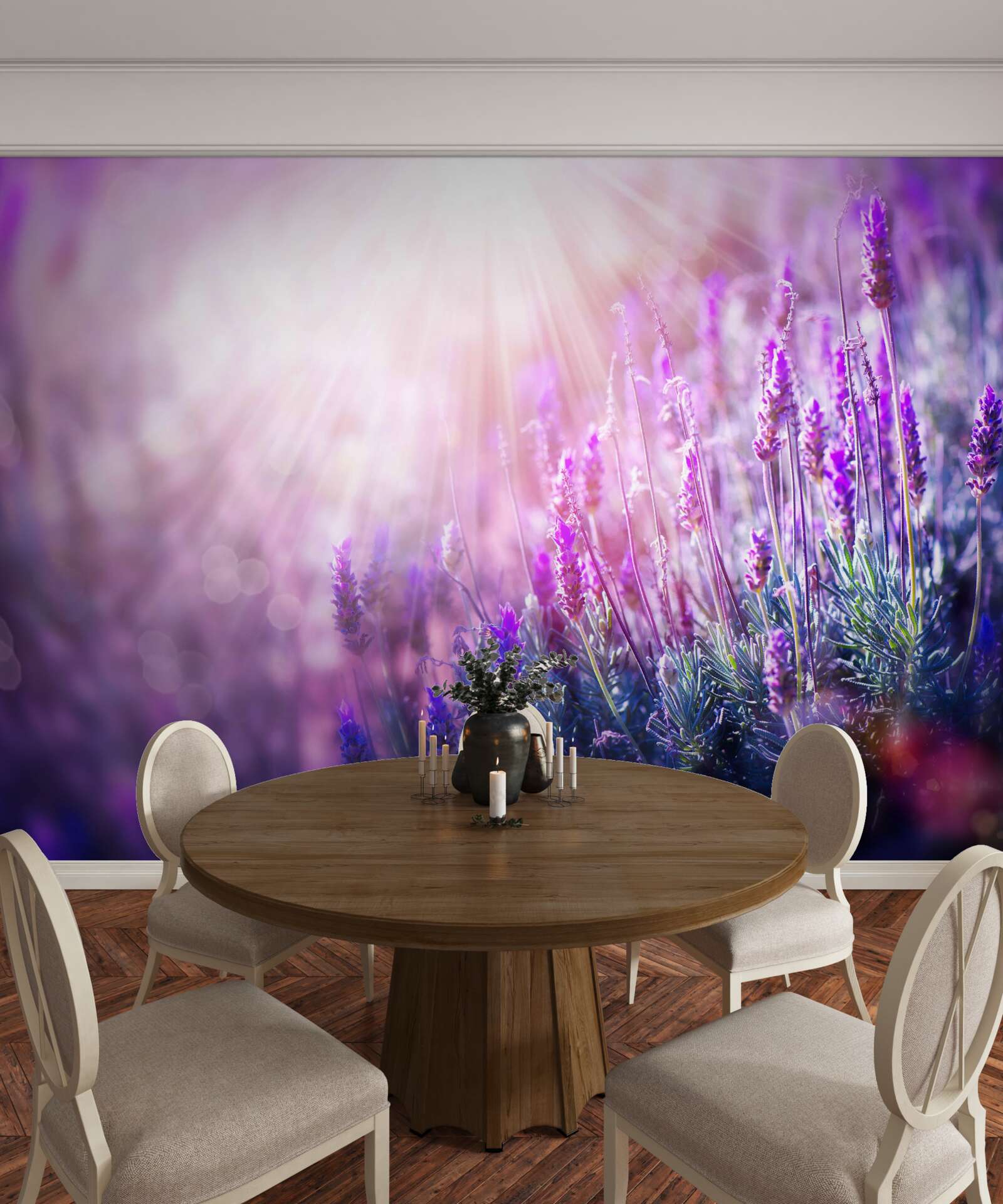 Papier peint les rayons du soleil illuminent les buissons de lavande