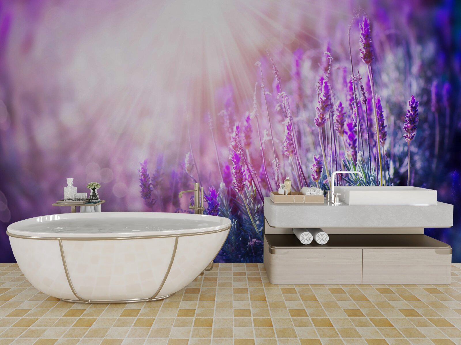 Papier peint les rayons du soleil illuminent les buissons de lavande