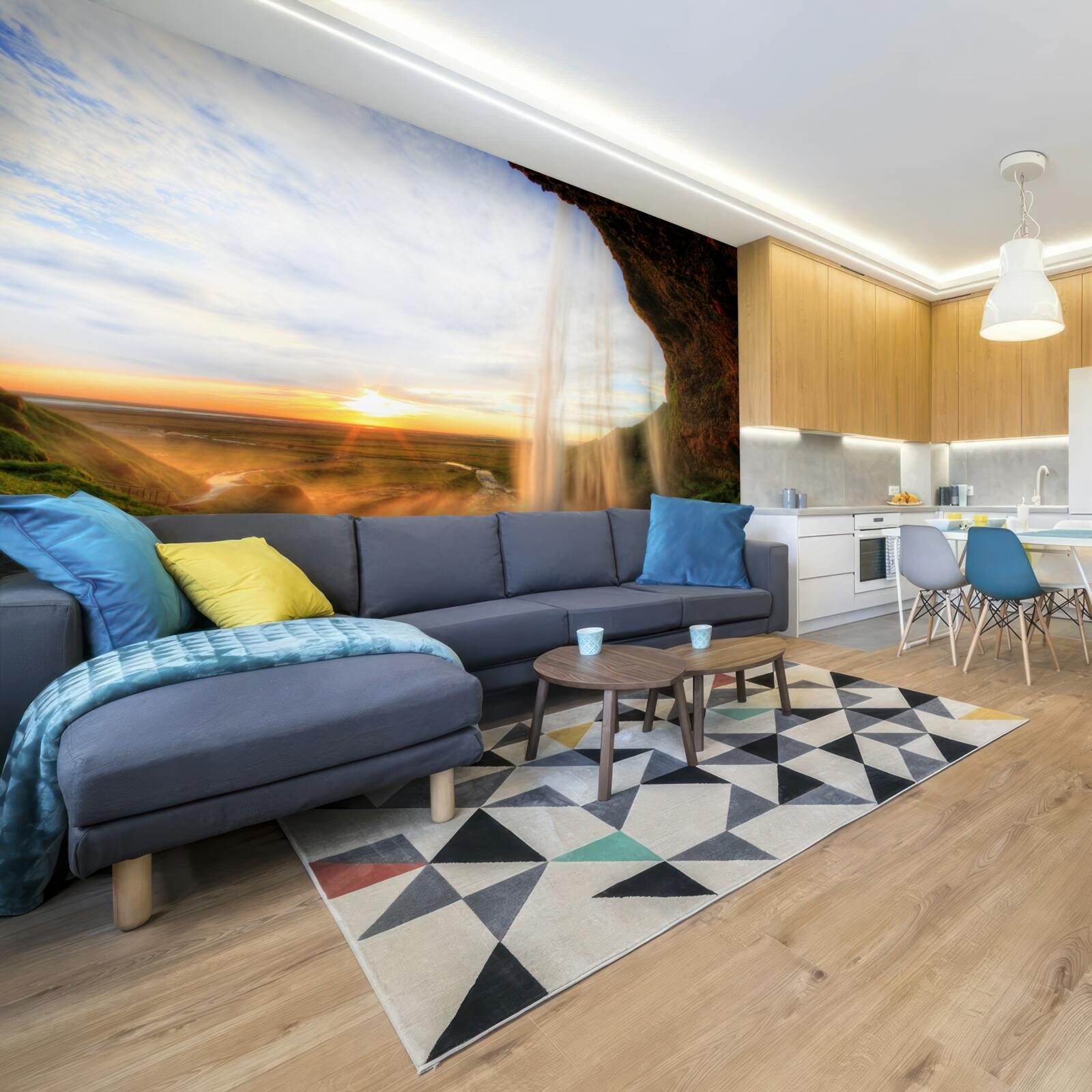 Papier peint coucher de soleil illuminant les majestueuses chutes d'eau