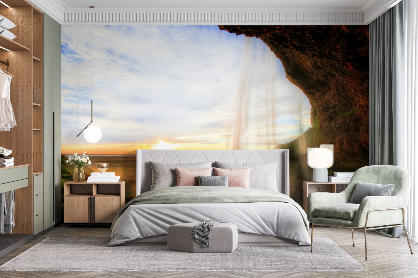 Papier peint coucher de soleil illuminant les majestueuses chutes d'eau